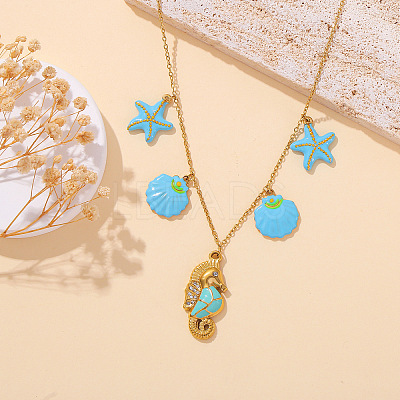 Ocean 304 Stainless Steel Enamel Sea Horse Shell Starfish Pendant Bib Necklaces for Women WG1595B-01-1