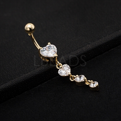 Real 18K Gold Plated Piercing Jewelry Brass Cubic Zirconia Heart Navel Ring Navel Ring Belly Rings AJEW-EE0001-06-1