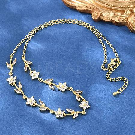 Brass Pave Cubic Zirconia Flower Link Chain Necklaces KK-CBA4547-18G-10-1