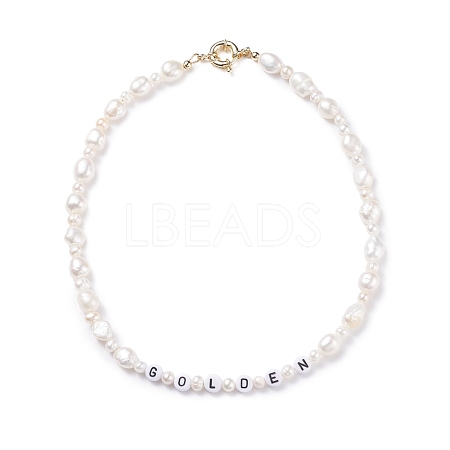 Natural Pearl Beaded Necklace with Word Golden Acrylic Beads for Women NJEW-JN03850-1