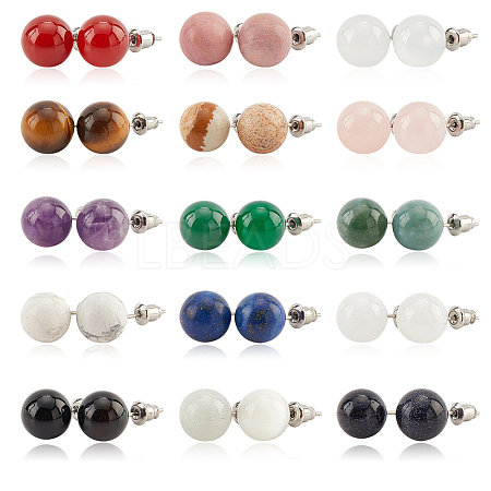 ANATTASOUL 15 Pairs 15 Style Natural & Synthetic Mixed Gemstone Round Stud Earrings EJEW-AN0003-28-1