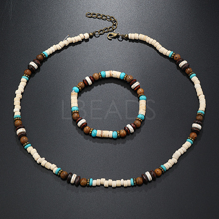 Bohemian Style Coconut Shell with Synthetic Turquoise Rondelle Beaded Necklaces & Bracelets Sets FS-WG8D889-02-1