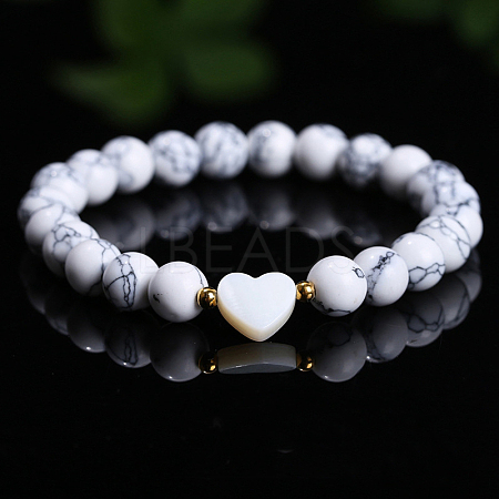 Natural Howlite Heart & Round Beads Stretch Bracelets for Men & Women PW-WG82341-01-1