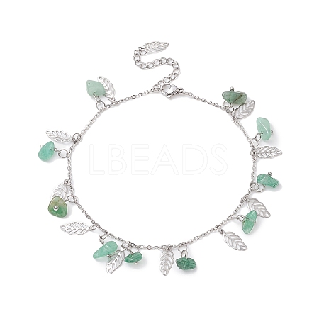 Natural Green Aventurine Chips & Leaf Charms Anklet AJEW-AN00512-05-1