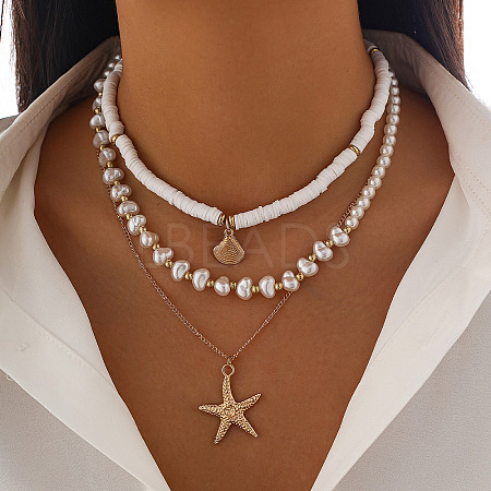 Shell Shape & Starfish Alloy & Plastic Pearl & Polymer Clay Pendant 3 Layered Necklaces for Women FS-WG726DA-10-1