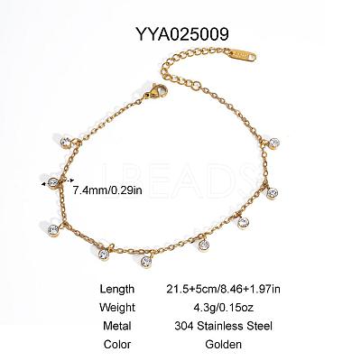 Elegant 304 Stainless Steel Pave Clear Cubic Zirconia Flat Round Charm Anklets HM7489-7-1