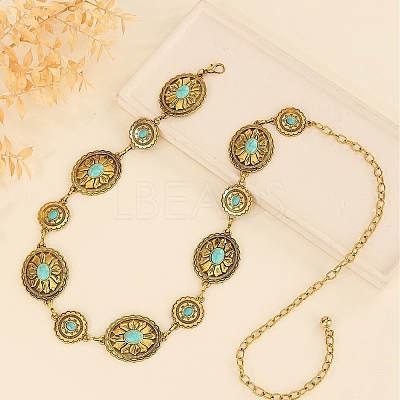 Oval Flower Alloy with Dyed Synthetic Turquoise Link Chain Waist Belly Chains for Women FS-WG9F428-01-1
