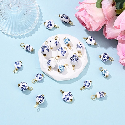 20Pcs Blue & White Floral Printed Porcelain Pendants PALLOY-YW00112-01-1