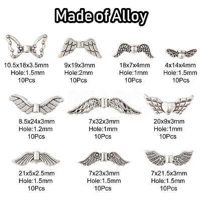100Pcs 10 Styles Tibetan Style Alloy Fairy Wing Beads TIBEB-CJ0001-27-1