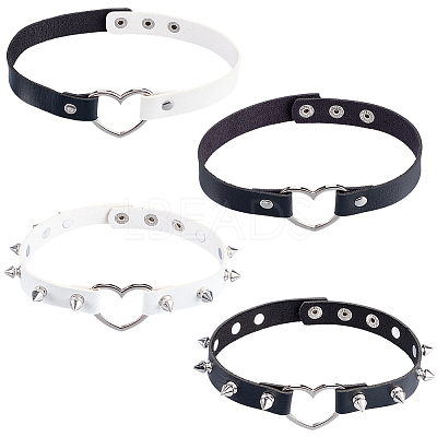 4Pcs 4 Styles Adjustable Gothic PU Leather Alloy Heart Spike Rivet Choker Necklaces for Women NJEW-CL0001-18-1