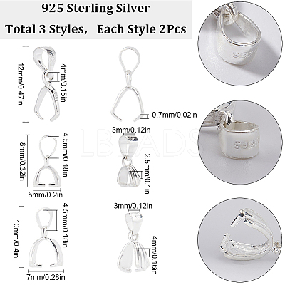 6Pcs 3 Style 925 Sterling Silver Pendants Bails STER-SC0001-29-1