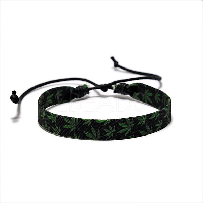 Printed Maple Leaf Pattern Cloth & Waxed Cord Braided Bracelets for Men Women FS-WG27F11-02-1