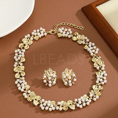 Ginkgo Leaf Zinc Alloy & Plastic Imitation Pearl Link Chain Necklace & Stud Earring Sets FS-WG12076-01-1