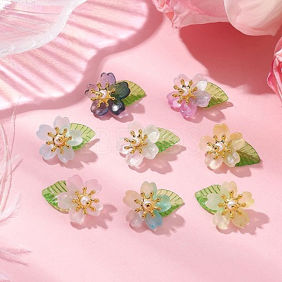Flower Glass with Leaf Acrylic Charms HJEW-JM02572-02-1