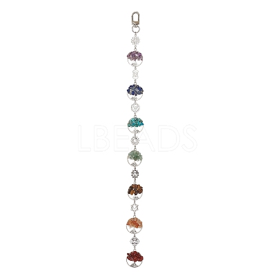 Flat Round with Tree of Life Natural & Synthetic Gemstone Chips Pendant Decorations HJEW-JM02335-1