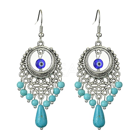 Resin Evil Eye & Synthetic Turquoise Beaded Long Drop Earrings EJEW-JE05389-03-1