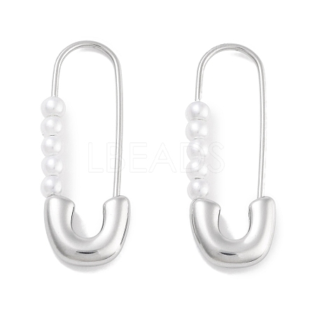 304 Stainless Steel & Plastic Imitation Pearl Safety Pin Hoop Earrings for Women EJEW-C096-05P-1