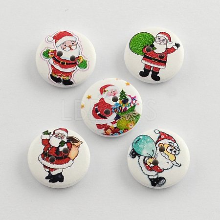 2-Hole Santa Claus Printed Wooden Buttons X-BUTT-R032-059-1
