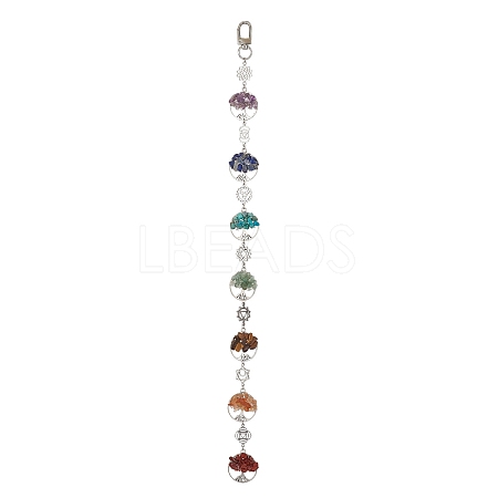 Flat Round with Tree of Life Natural & Synthetic Gemstone Chips Pendant Decorations HJEW-JM02335-1