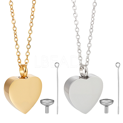 2Pcs 2 Colors Stainless Steel Heart Cinerary Casket Pendant Necklaces NJEW-CN0001-26-1
