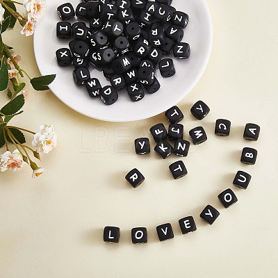20Pcs Black Cube Letter Silicone Beads 12x12x12mm Square Dice Alphabet Beads with 2mm Hole Spacer Loose Letter Beads for Bracelet Necklace Jewelry Making JX433L-1