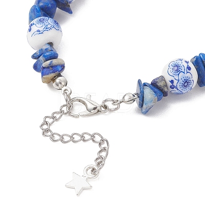 Handmade Flower Printed Porcelain Ceramic & Dyed Natural Lapis Lazuli Beaded Bracelets for Women BJEW-JB12967-1
