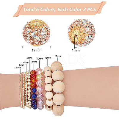 12Pcs 6 Colors Glass Rhinestone Clay Pave Beads FIND-PH0018-36-1