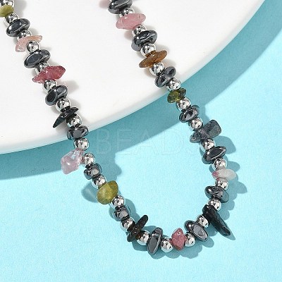 Natural Multicolor Tourmaline Chip & Non-magnetic Synthetic Hematite Beaded Bracelet for Women BJEW-Z148-02P-06-1