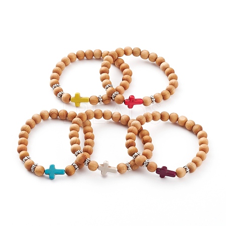 Round Natural Wood Beads Stretch Bracelets BJEW-JB05847-1