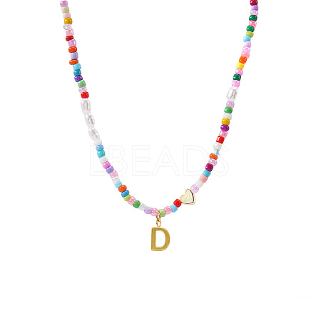 Colorful Beaded Heart Letter Necklace with Pearl Elements Stainless Steel Pendant Jewelry TR2146-4-1