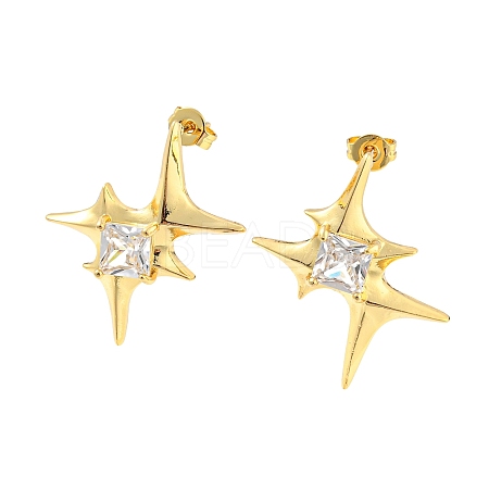 Star Shape Rack Plating Brass Micro Pave Cubic Zirconia Stud Earrings EJEW-P240-02G-1