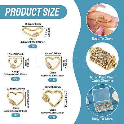 5Pcs 5 Style Brass Micro Pave Clear Cubic Zirconia Screw Carabiner Lock Charms ZIRC-TA0002-17-1
