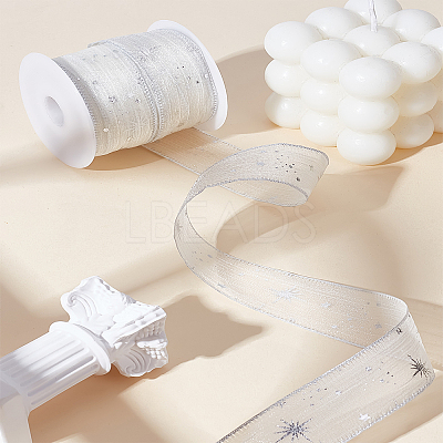 10 Yards Silver Stamping Star Organza Ribbons SRIB-LP0001-09B-1