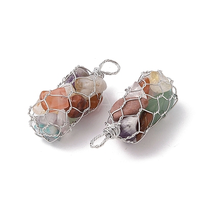 Rack Plating Copper Wire Wrapped Natural Mixed Stone Chip Big Pendants G-C130-01P-09-1