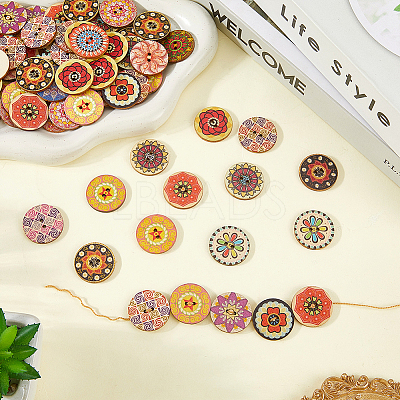 100Pcs Printed Wooden Buttons BUTT-CP0001-16-1