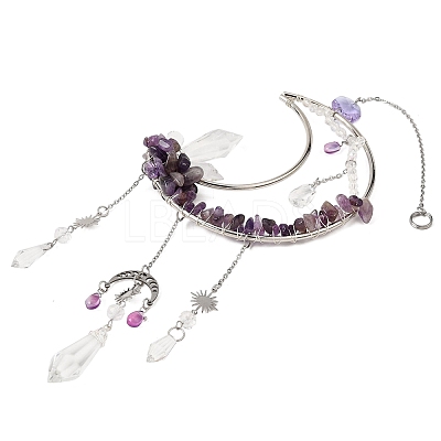 3Pcs 3 Styles Moon Natural Amethyst & Green Aventurine & Topaz Jade & 304 Stainless Steel & Brass Suncatchers HJEW-TA00488-1