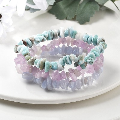 Chips Natural Larimar & Blue Lace Agate & Kunzite Beaded Stretch Bracelets Sets X-BJEW-JB05332-01-1