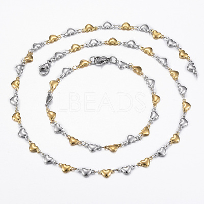 Two Tone 304 Stainless Steel Heart Link Chain Jewelry Sets SJEW-H103-12GP-1