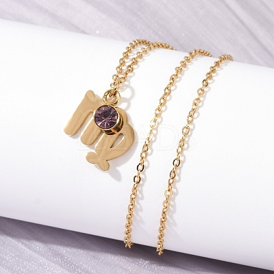 304 Stainless Steel Glass Drill Birth Stone Constellation Pendant Necklaces STAS-D305-08G-F-1