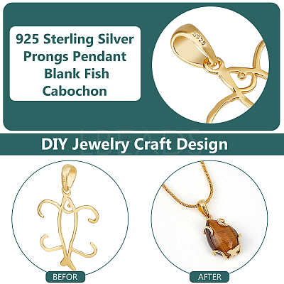 2Pcs 925 Sterling Silver Prongs Pendant Blank Fish Cabochon Settings STER-BC0002-60G-1