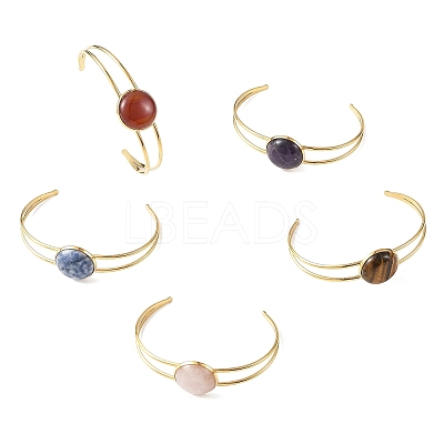 Natural Mixed Stone Flat Round 304 Stainless Steel Cuff Bangles for Women BJEW-JB14352-01-1