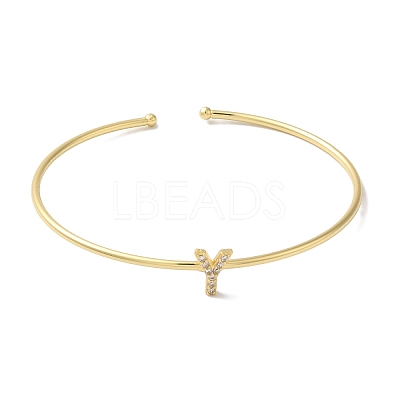 Rack Plating Brass Micro Pave Clear Cubic Zirconia Letter Open Cuff Bangles BJEW-A018-01G-Y-1