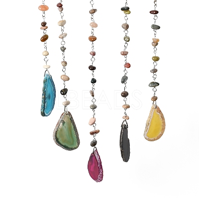 Mixed Gemstone Chips Beaded Moon Hanging Sun Catchers HJEW-M004-01-1