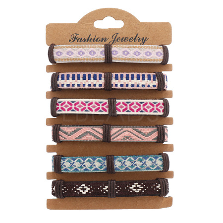 6Pcs 6 Colors PU Leather & Cotton Braided Cord Bracelets Set PW-WG43775-02-1