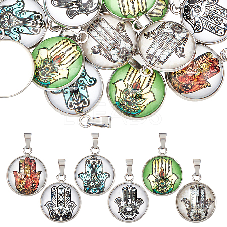 24Pcs 6 Color Hamsa Hand Pattern Glass Pendants GLAA-DC0001-01-1