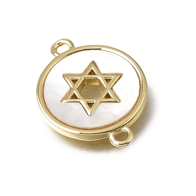Natural White Shell Brass Flat Round Links Connector Charms KK-C262-03A-02G-1