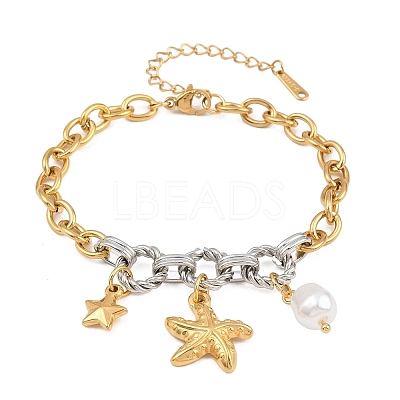 Duo Tone Ocean 304 Stainless Steel Sea Animals Charm Bracelets with Imitaiton Pearl for Women SA-CBA717A-06G-01-1
