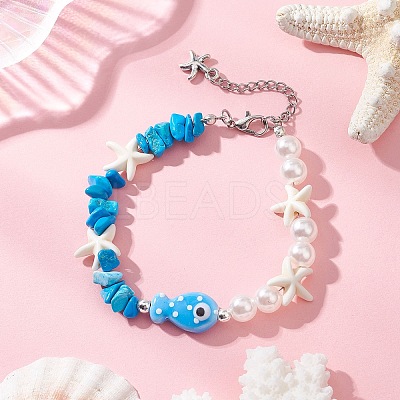 Handmade Porcelain & Synthetic Turquoise & ABS Plastic Imitation Pearl Beaded Bracelets for Women BJEW-JB13061-1
