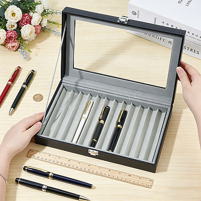 Black PU Leather Pen Organizer Boxes with Clear Glass Visible Window Lid CON-WH0107-129B-1