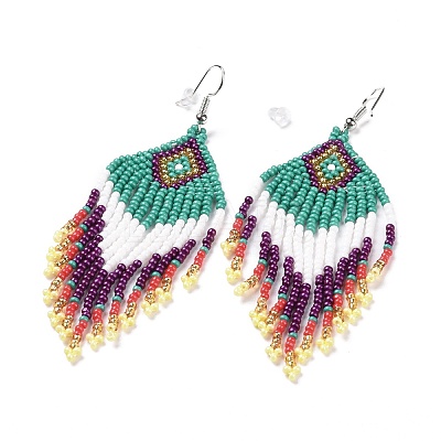 Glass Seed Braided Rhombus with Tassel Chandelier Earrings LS-EJEW-H084-05P-1